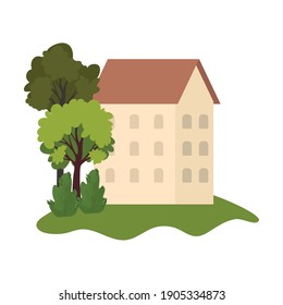park with building with triangular roof in the middle of it vector illustration design