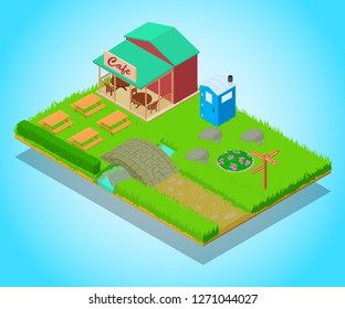 Park cafe concept banner. Isometric banner of park cafe vector concept for web, giftcard and postcard