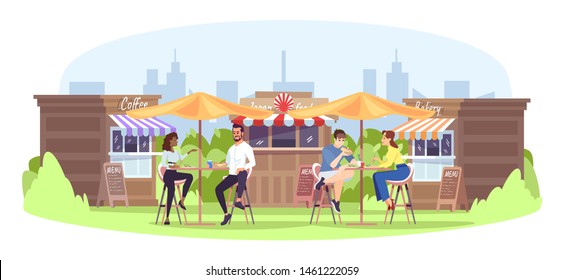 Park cafe flat vector illustration. Summer weekend outdoor rest in town. Fastfood kiosks, visitors, People chatting, eating at street food restaurant isolated cartoon characters on white background