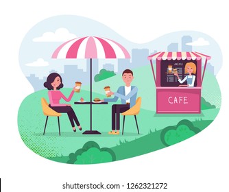 Park Cafe With Umbrella In Amoeba Background. Couple On Weekend Date. People Drink Coffe With Burger In Outdoor Street Cafe. Park With Outside Cafe In Urban Cityscape.Flat Cartoon Vector Illustration