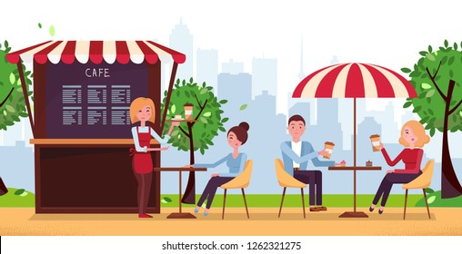 Park Cafe With Umbrella. People Drink Coffe In Outdoor Vector Street Cafe On Restaurant Terrace. Park With Outside Cafe In Urban City Landscape.Couple On Weekend Date. Flat Cartoon Vector Illustration