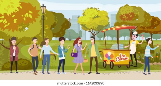 Park  cart   ice cream seller  happy people stand in line for ice cream  men   women  different characters  outdoor  vector  illustration  isolated cartoon style