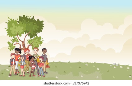 Park with cartoon family. Nature background. Green world.
