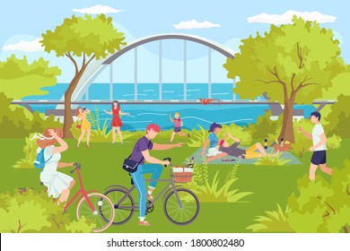 Park with cartoon river, man woman summer outdoor rest vector illustration. People activity leisure at nature, family character vacation lifestyle. Walk at flat city park landscape, tree and bench.