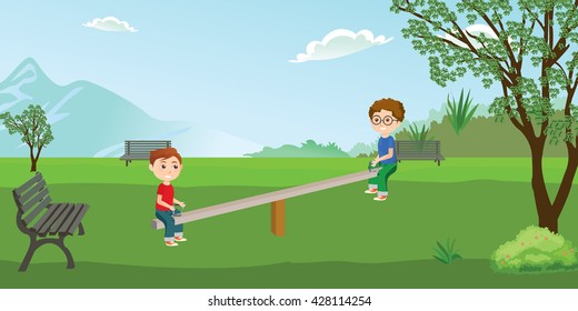 Park with children on a seesaw
