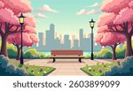 Park in the city, featuring cherry trees in full bloom, with a flat cartoon design. Public space, filled with cherry blossoms, benches, a pathway for strolling, and a variety of flowers and shrubs. 