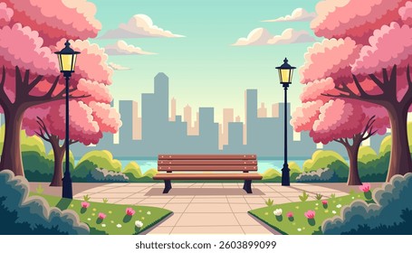 Park in the city, featuring cherry trees in full bloom, with a flat cartoon design. Public space, filled with cherry blossoms, benches, a pathway for strolling, and a variety of flowers and shrubs. 