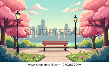 Park in the city, featuring cherry trees in full bloom, with a flat cartoon design. Public space, filled with cherry blossoms, benches, a pathway for strolling, and a variety of flowers and shrubs. 