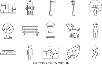 Park city line drawing icons collection with urban outdoor elements