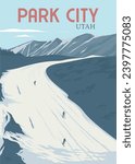 park city mountain ski vintage poster illustration design, downhill skiers in utah