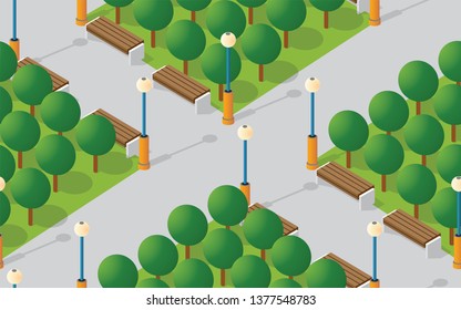Park city with trees lawns and benches. Seamless urban repeating pattern for design and creativity concept.