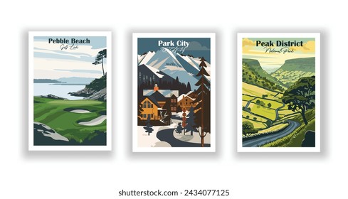 Park City, UTAH. Peak District, Parque Nacional. Pebble Beach Golf Links - Juego de 3 Carteles de Viaje Vintage. Ilustración vectorial. Impresiones de alta calidad