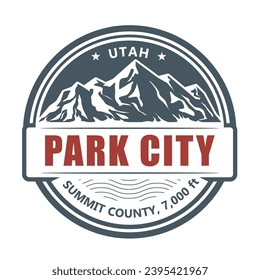 Park City, Utah Skiort Stempel, Emblem mit schneebedeckten Bergen, Vektorgrafik