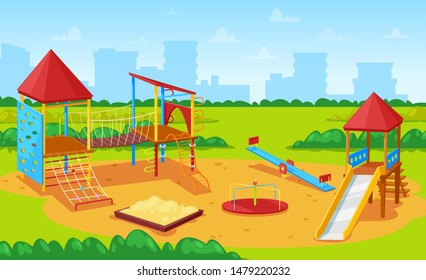 Park in city vector, yard for kids, cityscape with high buildings and skyscrapers. Kindergarten playground, sandbox and carousel, construction with ropes