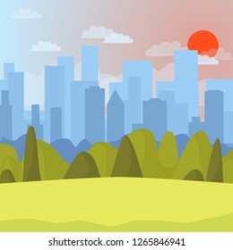 Park and cityscape with blue sky. Flat panoramic urban background. Vector illustration city and park  