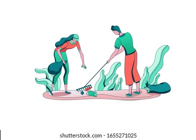 Park cleaning people with bag, volunteer picking and sorting garbage, team reduce plastic pollution of environment, recycle trash, flat cartoon vector ecology illustration