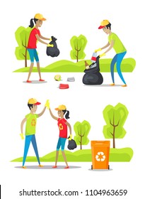 Park cleaning and rubbish collecting color poster isolated on white background vector illustration, working together man and woman, special trash bin
