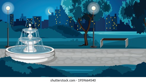 Park composition with night view of city park with fountain empty lanes lights and cityscape background vector illustration