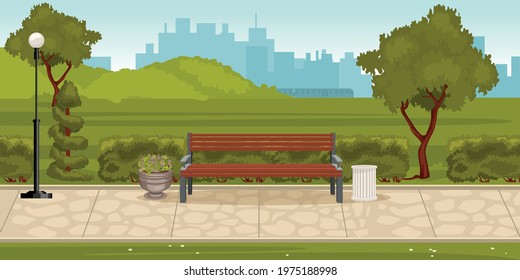 Park composition with outdoor landscape of city park with green hills lane with bench and cityscape vector illustration