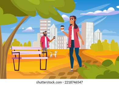 Park concept with people scene the background cartoon style. Woman met an acquaintance who was walking a dog in the park. Vector illustration.