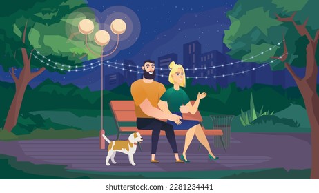 Park concept with people scene in the background cartoon style. Young couple decided to spend a romantic evening in the park. Vector illustration.