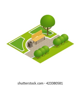    Park concept with tree, bench and sidewalk in 3d flat isometric style. Vector illustration.