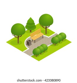    Park Concept With Tree, Bench And Sidewalk In 3d Flat Isometric Style. Vector Illustration.