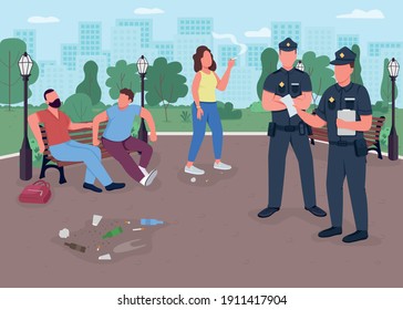 Park Crimes Flat Color Vector Illustration. Dealing With Drunk People With Cigarettes. Police Officers Giving Fines For Throwing Out Trash. 2D Cartoon Characters With City Park In Background