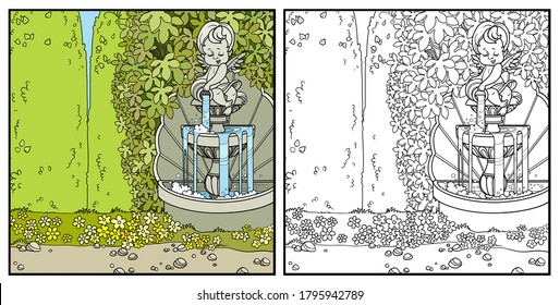 Park with a cupid pouring water from a jug a fountain entwined with wild grapes color and outlined for coloring page