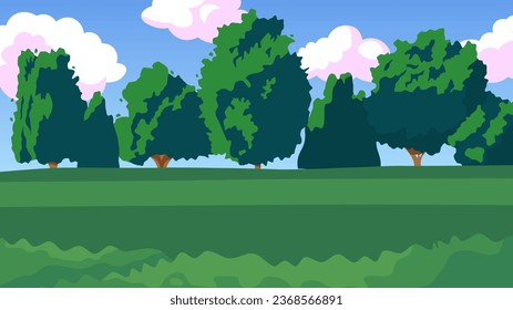 Park cute kawaii lo fi background. Summer. Green grass and trees. Good weather 2D vector cartoon landscape illustration, lofi aesthetic wallpaper desktop. Japanese anime scenery, dreamy vibes