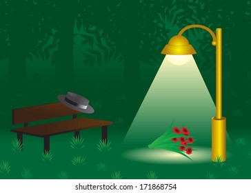 Park. Date metaphor, garden with trees and lantern. Men's hat and a gift, a bouquet of flowers 
