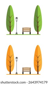 Park Design Element com Lanterna de Banco e Árvores Verão de outono. Parques e espaços urbanos ao ar livre infraestrutura vetor arte