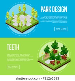 Park design isometric posters. Field with green grass and apple trees, park path and benches. Public parkland zone landscape with decorative plants, outdoor natural recreation vector illustration.