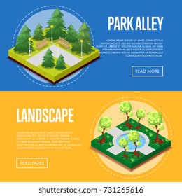 Park design isometric posters. Field with green grass and trees, pool with water, park alleys, path, and benches. Public parkland zone with decorative plants, natural recreation vector illustration.