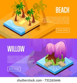 Park design isometric posters. Palm trees on beach, island with green grass and purple willow. Public parkland zone landscape with decorative plants, outdoor natural recreation vector illustration.
