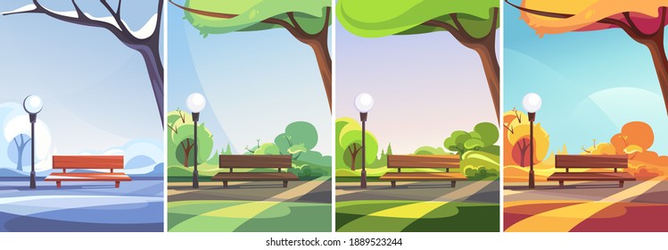 Park in different times of year. Non-urban scenes in vertical orientation.