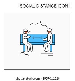 Park distancing color icon. Two men keeping distance sitting on bench. Safe social communication. Covid pandemic friends meeting and recreation concept. Isolated vector illustration