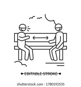 Park distancing icon. Two men keeping distance sitting on bench. Safe social communication linear pictogram. Covid pandemic friends meeting and recreation concept. Editable stroke vector illustration