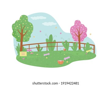 Park for easter egg hunt 2D vector web banner, poster. Kids activity. Public garden for children's game flat scenery on cartoon background. Spring holiday printable patch, colorful web element