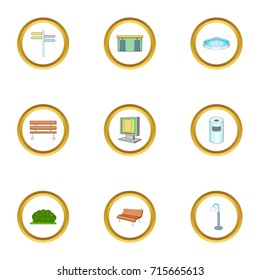 Park element icons set. Cartoon style set of 9 park element vector icons for web design