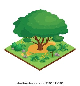 Park element isometric composition with big green tree bushes flowers 3d vector illustration