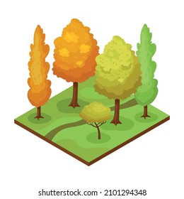 Park element isometric composition with green yellow trees and path 3d vector illustration