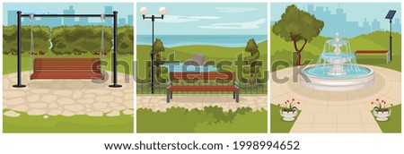Park elements design concept with square compositions of cityscape and park lanes with bench and fountain vector illustration