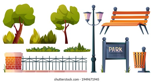 Park elements set isolated cartoon icons. Vector green trees, grass and bushes, street lamp and wooden bench, fence of forged metal and bricks, street waste litter bin and parkland notice board