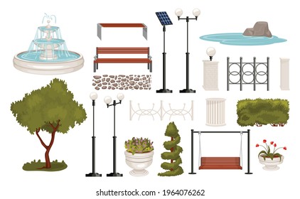 Park elements set with isolated icons of city park architectural elements with fence segments benches trees vector illustration