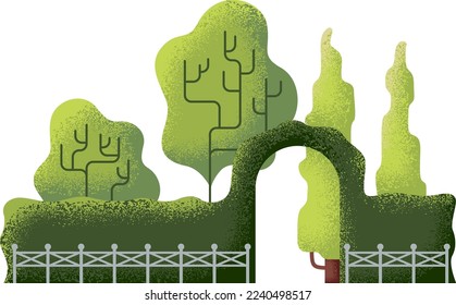 Park entrance with green hedge and tree. Textured nature
