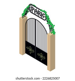 Park entrance icon isometric vector. Inscription park over close metal gate icon. Amusement concept