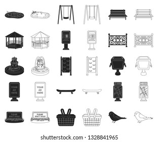 Park, equipment black,outline icons in set collection for design. Walking and rest vector symbol stock web illustration.