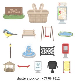 Park, equipment cartoon icons in set collection for design. Walking and rest vector symbol stock web illustration.