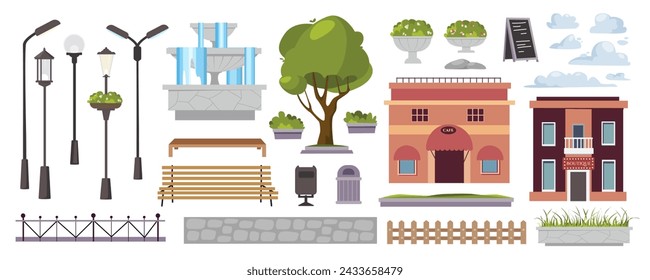 Mega conjunto de elementos constructores de equipos de parque en diseño gráfico plano. Kit de creador con faroles de calle, fuente, árboles verdes, bancos, vallas, edificios, infraestructura urbana. Ilustración vectorial.